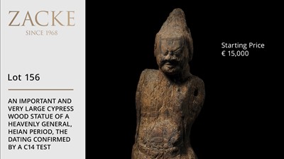AN IMPORTANT AND VERY LARGE CYPRESS WOOD STATUE OF A HEAVENLY GENERAL, HEIAN PERIOD, THE DATING CONFIRMED BY A C14 TEST