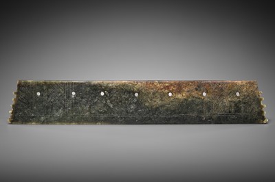 Lot 434 - A LARGE GREEN AND RUSSET JADE CEREMONIAL AXE, SHANG DYNASTY, ERLITOU PERIOD