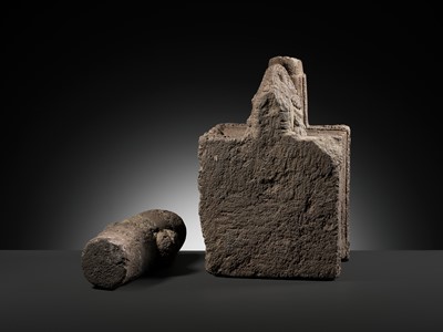 Lot 225 - A RARE ANDESITE LINGA AND YONI, MAJAPAHIT EMPIRE, DATED 1372