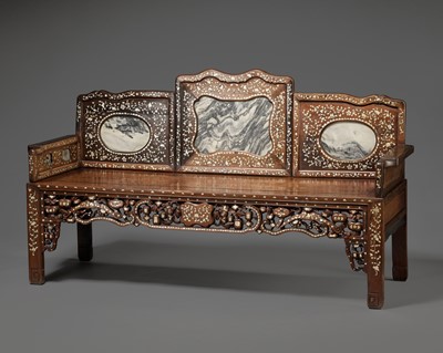 AN INLAID HARDWOOD LUOHAN BED WITH MARBLE INSET PANELS, 1900s