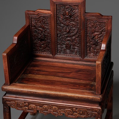 Lot 111 - A PAIR OF ROSEWOOD ‘DRAGON’ THRONES, QING DYNASTY