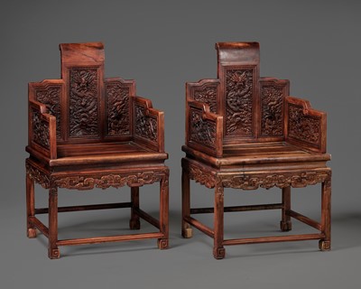 Lot 111 - A PAIR OF ROSEWOOD ‘DRAGON’ THRONES, QING DYNASTY