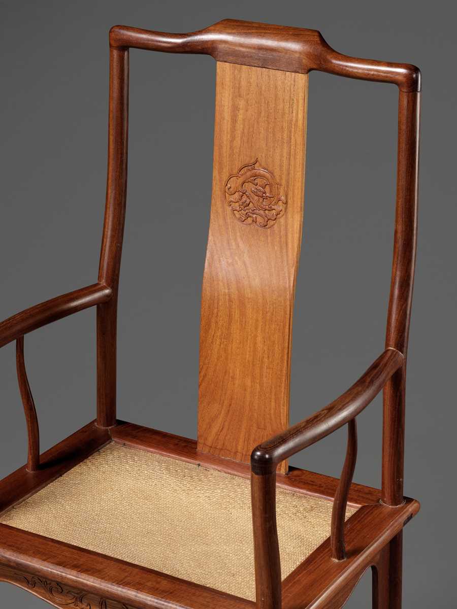 Lot 114 - A HUALI WOOD ‘OFFICIAL’S HAT’ ARMCHAIR, GUANMAOYI, 1900s