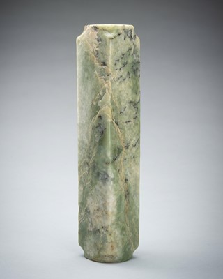 Lot 1743 - A MOTTLED PALE GREEN JADE CONG, QIJIA CULTURE OR LATER