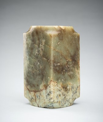 Lot 1765 - A MOTTLED CELADON JADE CONG, QIJIA CULTURE OR LATER