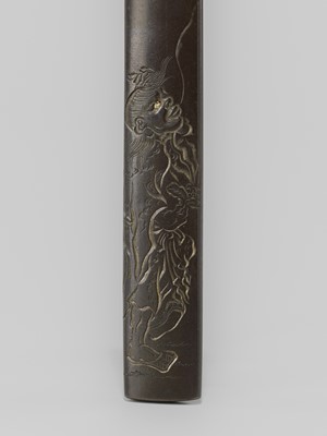 Lot 1600 - JOGETSUSAI HIROTOSHI: A SHIBUICHI KOZUKA WITH TEKKAI SENNIN EXHALING HIS ANIMA