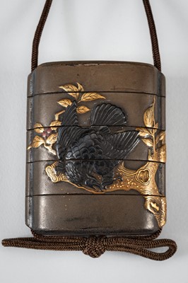 Lot 1432 - A FOUR-CASE LACQUER INRO DEPICTING TWO EAGLES
