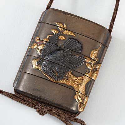 Lot 1432 - A FOUR-CASE LACQUER INRO DEPICTING TWO EAGLES