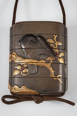Lot 1432 - A FOUR-CASE LACQUER INRO DEPICTING TWO EAGLES