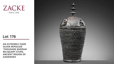 Lot 176 - AN EXTREMELY RARE SILVER REPOUSSÉ ‘THOUSAND BUDDHA’ RELIQUARY STUPA, ANCIENT REGION OF GANDHARA