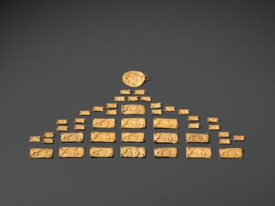 Lot 83 - A COMPLETE BELT SET OF FORTY-FOUR GOLD REPOUSSÉ PLAQUES, ACHAEMENID EMPIRE, PERSIA, 7TH-5TH CENTURY BC