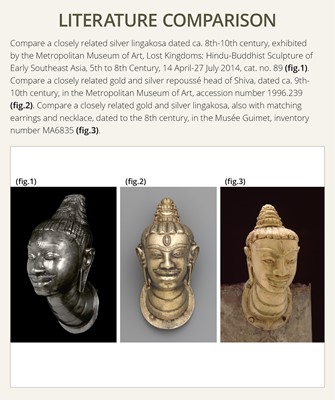 Lot 453 - AN EXCEEDINGLY RARE SILVER REPOUSSÉ HEAD OF SHIVA, LINGAKOSA, WITH MATCHING EARRINGS AND NECKLACE