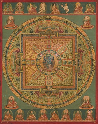 Lot 327 - A MANDALA THANGKA WITH SEMI-WRATHFUL DEITIES IN YAB-YUM, TIBET, 19TH CENTURY