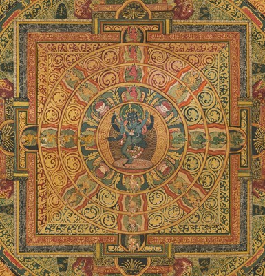 Lot 327 - A MANDALA THANGKA WITH SEMI-WRATHFUL DEITIES IN YAB-YUM, TIBET, 19TH CENTURY
