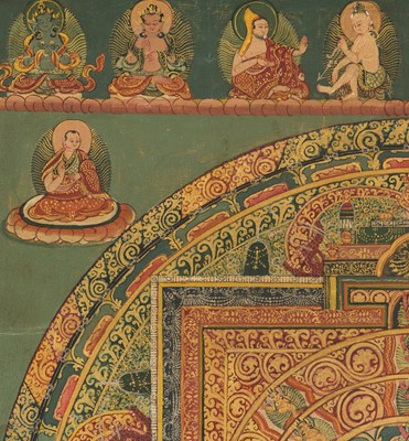 Lot 327 - A MANDALA THANGKA WITH SEMI-WRATHFUL DEITIES IN YAB-YUM, TIBET, 19TH CENTURY