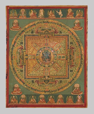 Lot 327 - A MANDALA THANGKA WITH SEMI-WRATHFUL DEITIES IN YAB-YUM, TIBET, 19TH CENTURY
