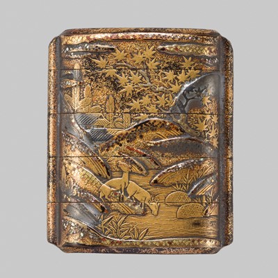 Lot 400 - A FINE GOLD LACQUER FOUR-CASE INRO WITH DEER AND COTTAGES