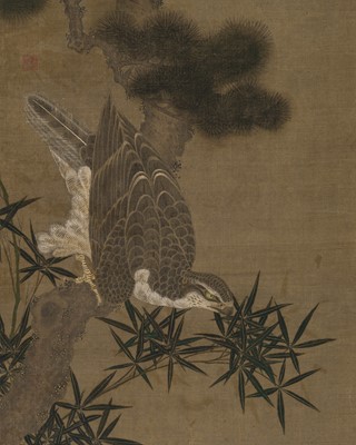 Lot 251 - ATTRIBUTED TO TAKEZAKI GENSHO: A SILK PAINTING WITH A HAWK ON A PINE TREE