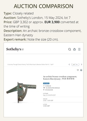 Lot 81 - AN ARCHAIC BRONZE CROSSBOW TRIGGER MECHANISM, JI, HAN DYNASTY