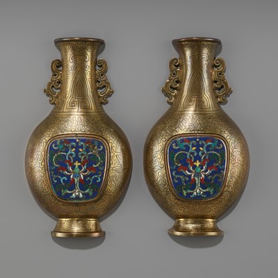 Lot 80 - A PAIR OF CLOISONNÉ-INSET GILT-BRONZE WALL VASES, QIANLONG PERIOD