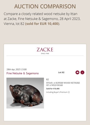 Lot 145 - ICHIUN: A FINE WOOD NETSUKE OF A RECUMBENT BOAR