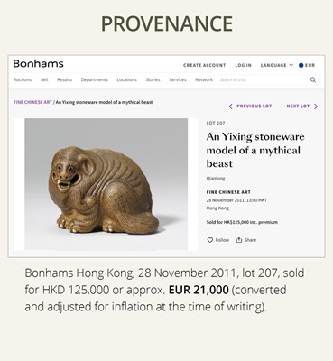 Lot 162 - AN EXTREMELY RARE YIXING FIGURE OF A MYTHICAL BEAST, QIANLONG PERIOD