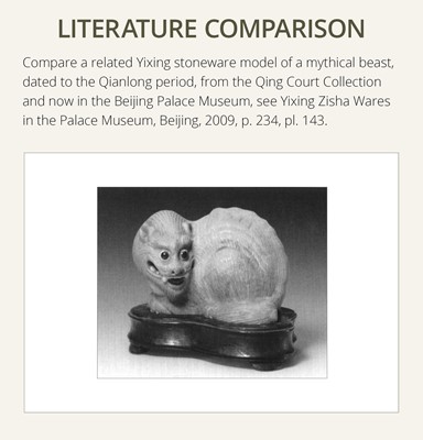 Lot 162 - AN EXTREMELY RARE YIXING FIGURE OF A MYTHICAL BEAST, QIANLONG PERIOD