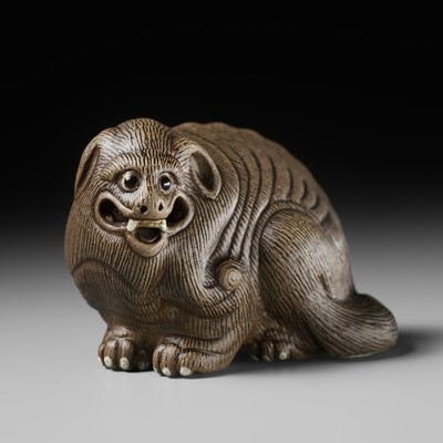 Lot 162 - AN EXTREMELY RARE YIXING FIGURE OF A MYTHICAL BEAST, QIANLONG PERIOD