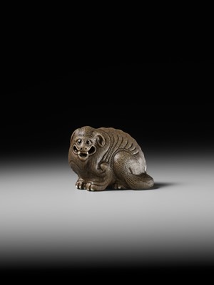 Lot 162 - AN EXTREMELY RARE YIXING FIGURE OF A MYTHICAL BEAST, QIANLONG PERIOD