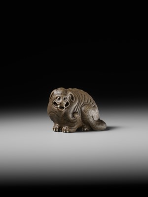 Lot 162 - AN EXTREMELY RARE YIXING FIGURE OF A MYTHICAL BEAST, QIANLONG PERIOD