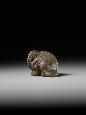 Lot 162 - AN EXTREMELY RARE YIXING FIGURE OF A MYTHICAL BEAST, QIANLONG PERIOD