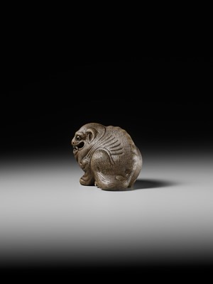Lot 162 - AN EXTREMELY RARE YIXING FIGURE OF A MYTHICAL BEAST, QIANLONG PERIOD