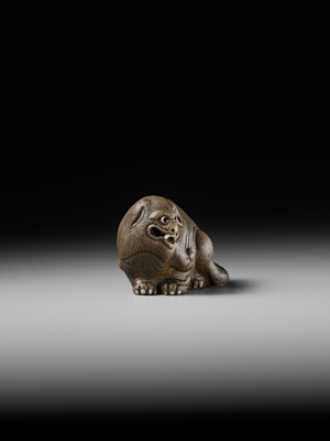 Lot 162 - AN EXTREMELY RARE YIXING FIGURE OF A MYTHICAL BEAST, QIANLONG PERIOD