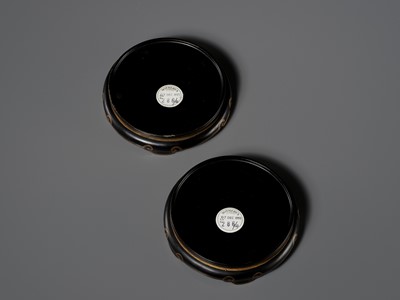 Lot 166 - A RARE PAIR OF DOUCAI ‘MEDALLION’ BOWLS, JIAQING MARKS AND OF THE PERIOD, WITH MATCHING IMPERIAL LACQUER STANDS