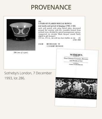 Lot 166 - A RARE PAIR OF DOUCAI ‘MEDALLION’ BOWLS, JIAQING MARKS AND OF THE PERIOD, WITH MATCHING IMPERIAL LACQUER STANDS