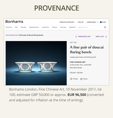 Lot 166 - A RARE PAIR OF DOUCAI ‘MEDALLION’ BOWLS, JIAQING MARKS AND OF THE PERIOD, WITH MATCHING IMPERIAL LACQUER STANDS