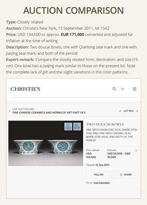 Lot 166 - A RARE PAIR OF DOUCAI ‘MEDALLION’ BOWLS, JIAQING MARKS AND OF THE PERIOD, WITH MATCHING IMPERIAL LACQUER STANDS