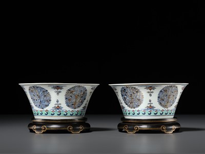 Lot 166 - A RARE PAIR OF DOUCAI ‘MEDALLION’ BOWLS, JIAQING MARKS AND OF THE PERIOD, WITH MATCHING IMPERIAL LACQUER STANDS
