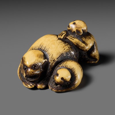 Lot 308 - TSUNEMASA: A RARE ANTLER NETSUKE OF A MONKEY WITH YOUNG