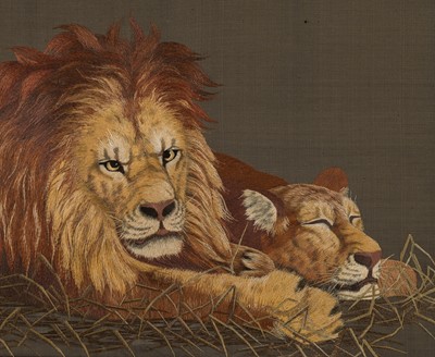 Lot 229 - A SILK-EMBROIDERED PANEL OF A LION AND LIONESS