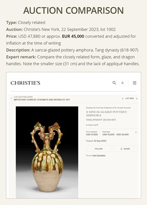 Lot 137 - A SANCAI-GLAZED APPLIQUÉ-DECORATED DRAGON-HANDLED AMPHORA, TANG DYNASTY