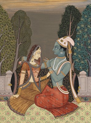 Lot 359 - AN INDIAN MINIATURE PAINTING DEPICTING RADHA AND KRISHNA ON A TERRACE, KISHANGARH, 19TH CENTURY