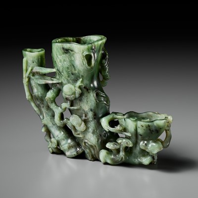 Lot 469 - A SPINACH-GREEN JADE ‘THREE FRIENDS OF WINTER’ VASE GROUP, WITH THREE RECEPTACLES, 18TH - EARLY 19TH CENTURY