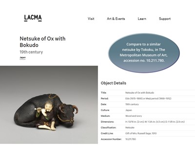 Lot 158 - KAGETOSHI: AN EXQUISITE EBONY WOOD AND IVORY NETSUKE OF AN OX WITH BOKUDO