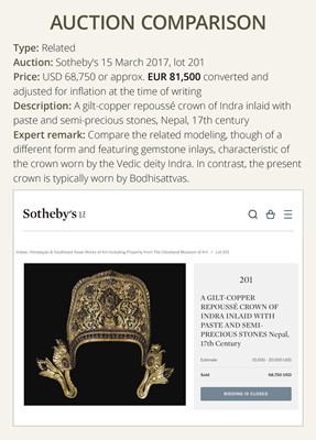 Lot 20 - A GILT COPPER REPOUSSÉ CROWN OF A BODHISATTVA, NEPAL, 17th-18th CENTURY