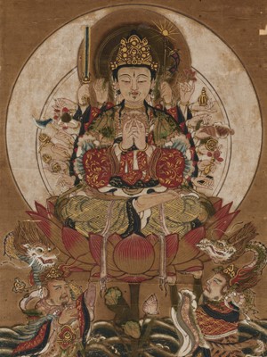 Lot 146 - A BUDDHIST SCROLL PAINTING OF JUNTEI KANNON AND ATTENDANTS, EDO PERIOD