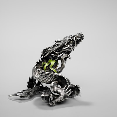 Lot 56 - A FINE SILVER AND ENAMEL OKIMONO OF A DRAGON