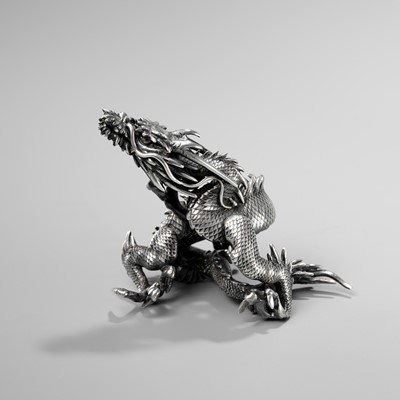 Lot 56 - A FINE SILVER AND ENAMEL OKIMONO OF A DRAGON