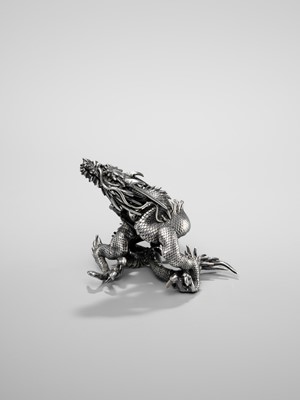 Lot 56 - A FINE SILVER AND ENAMEL OKIMONO OF A DRAGON
