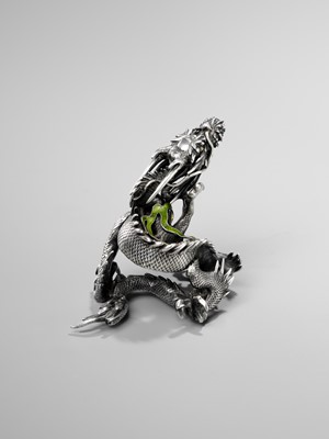 Lot 56 - A FINE SILVER AND ENAMEL OKIMONO OF A DRAGON